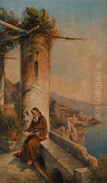 Lesender Monch Mit Blick Auf Die Kuste Von Amalfi Oil Painting by Consalvo Carelli