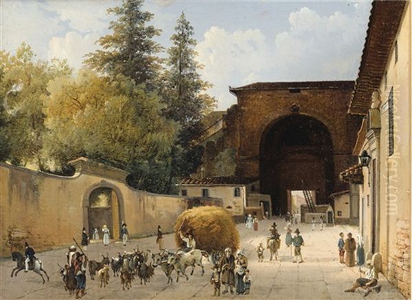 Une Des Entrees Des Jardins Boboli A Florence, La Porte Romaine Oil Painting by Consalvo Carelli