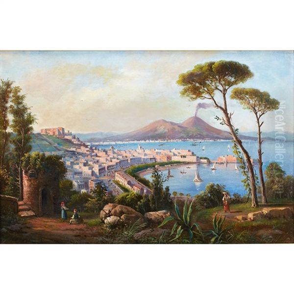 View Of Napoli With Mount Vesuvius; Piscatori Off The Coast (pair) Oil Painting by Consalvo Carelli