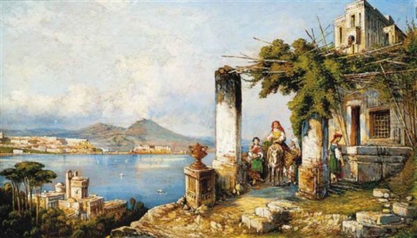 Posillipo With Figures Riding A Donkey Oil Painting by Consalvo Carelli