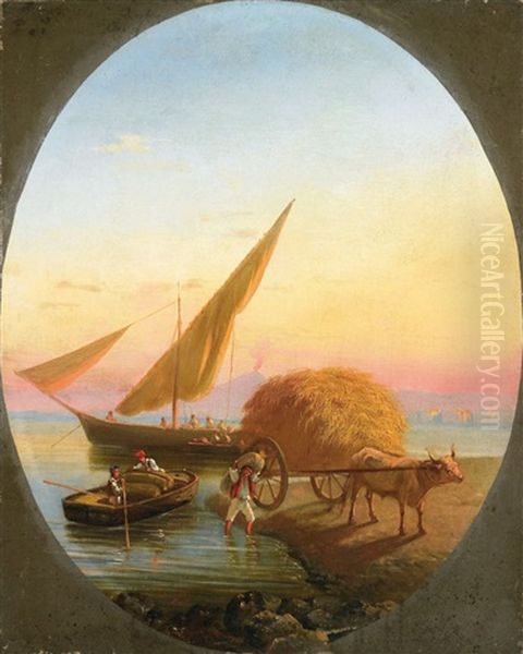 Heuwagen Und Fischerboote Am Strand Von Neapel Oil Painting by Consalvo Carelli