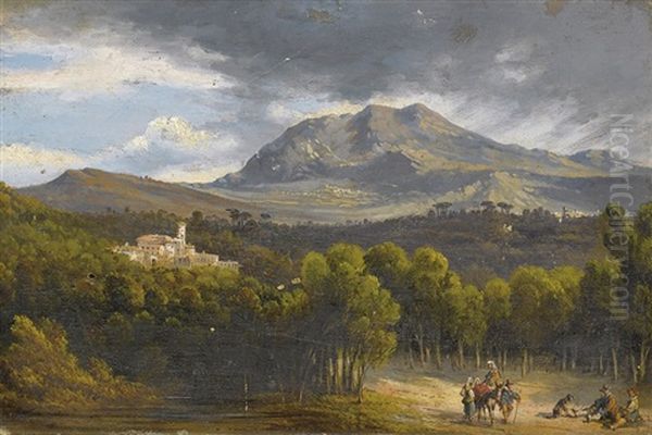 Veduta Del Santuario Di Montevergine Dalla Strada Per Avellino Oil Painting by Consalvo Carelli