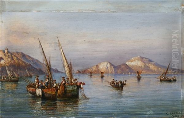 Fischer Mit Ihren Booten Vor Capri In Der Abendsonne Oil Painting by Consalvo Carelli