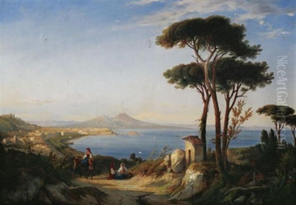 Blick Auf Die Bucht Von Neapel Mit Dem Vesuv. Vorn Eine Familie Auf Dem Weg Oil Painting by Consalvo Carelli