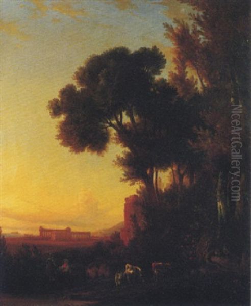 Paestum, Pastori Con Mucche Al Pascolo, 1845 Oil Painting by Consalvo Carelli