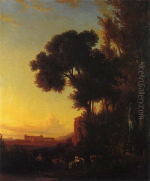 Paestum, Pastori Con Mucche Al Pascolo, 1845 Oil Painting by Consalvo Carelli