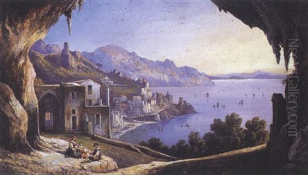 Figures Seated Before Amalfi Oil Painting by Consalvo Carelli