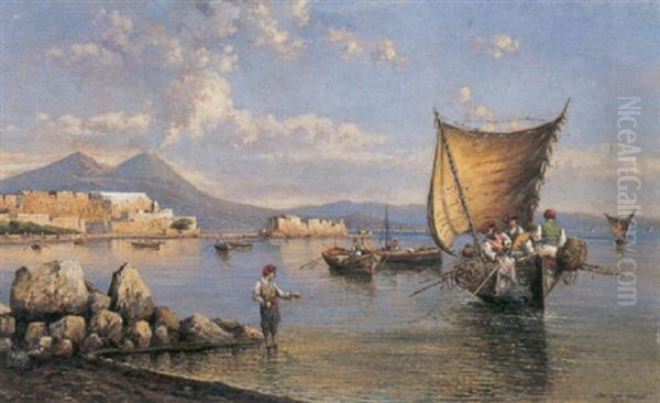 Pescatori A Mergellina Oil Painting by Consalvo Carelli