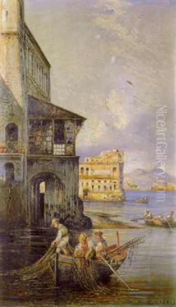 Napoli, Pescatori A Palazzo Donn'anna Oil Painting by Consalvo Carelli