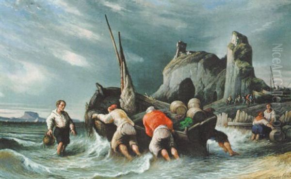 Fishermen Launching Their Boat Oil Painting by Consalvo Carelli