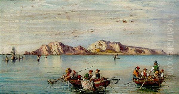 Fishing Boats Before The Island Of Capri Oil Painting by Consalvo Carelli