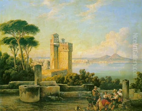 Family Group Before Ruins, The Bay Of Naples Beyond Oil Painting by Consalvo Carelli