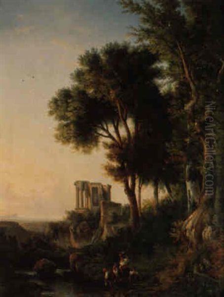 Lavandieres A La Riviera Di Chiagi Pres Des Ruines Du Temple De Vesta Oil Painting by Consalvo Carelli