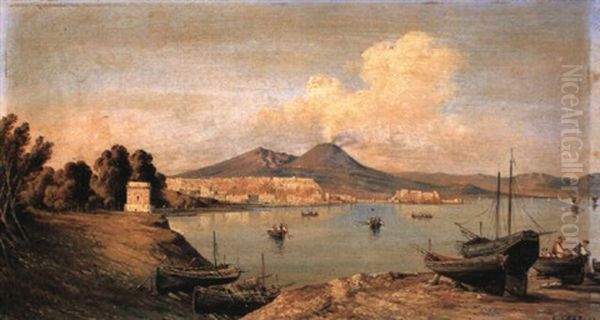 Fishing Boats Off The Coast, Naples Oil Painting by Consalvo Carelli