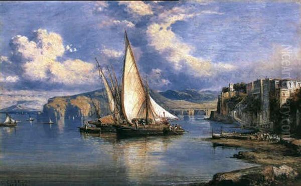 Fishing Boats Off Sorrento Oil Painting by Consalvo Carelli