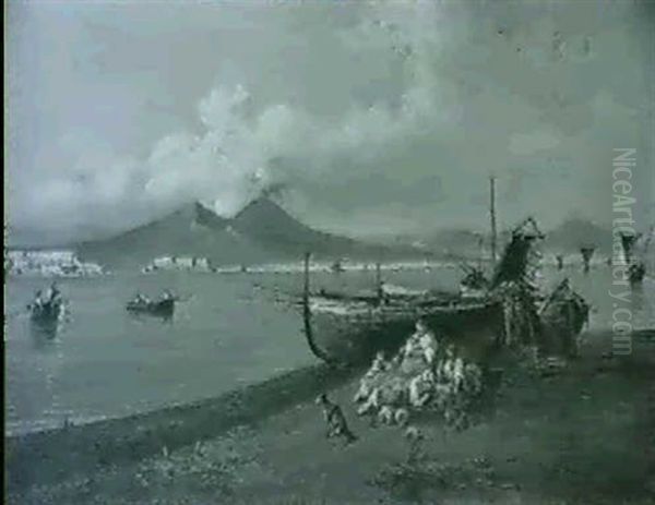 Beached Fishing Vessels, Bay Of Naples Oil Painting by Consalvo Carelli