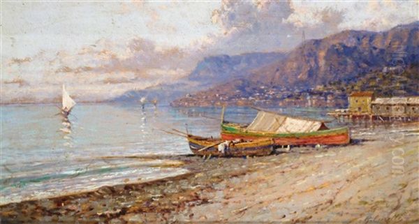 Fishing Boats Beached On The Amalfi Coast Oil Painting by Gabriel Carelli