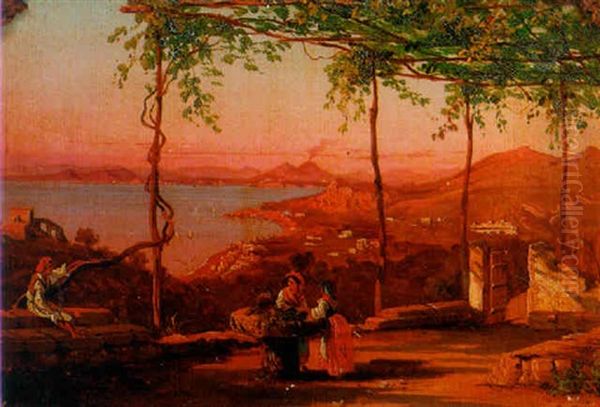 A Terrace Overlooking The Bay Of Naples At Sunset Oil Painting by Gabriel Carelli