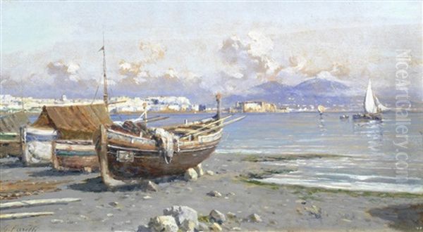 The Bay Of Naples; An Italian Landscape, A Pair Oil Painting by Giuseppe Carelli