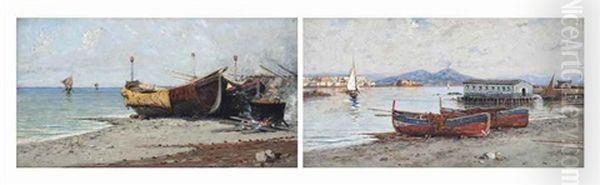 A Boat In The Bay Of Naples, Vesuvius Beyond; And Fishing Boats On A Shore, Naples (pair) Oil Painting by Giuseppe Carelli