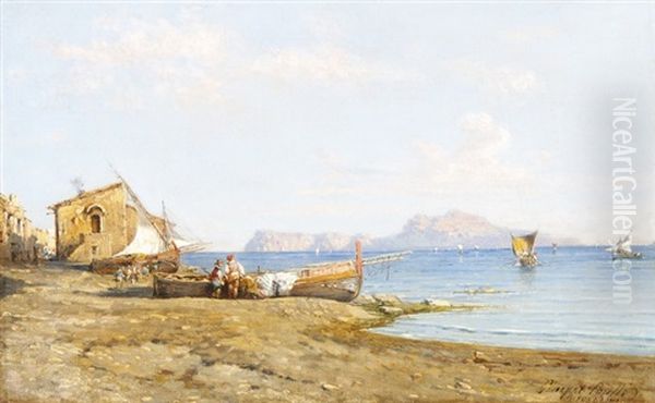 Sudliche Meereslandschaft Mit Fischern Und Booten Am Ufer by Giuseppe Carelli