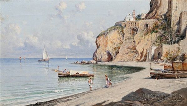 Figures On A Beach Along The Coast Of Napoli Oil Painting by Giuseppe Carelli