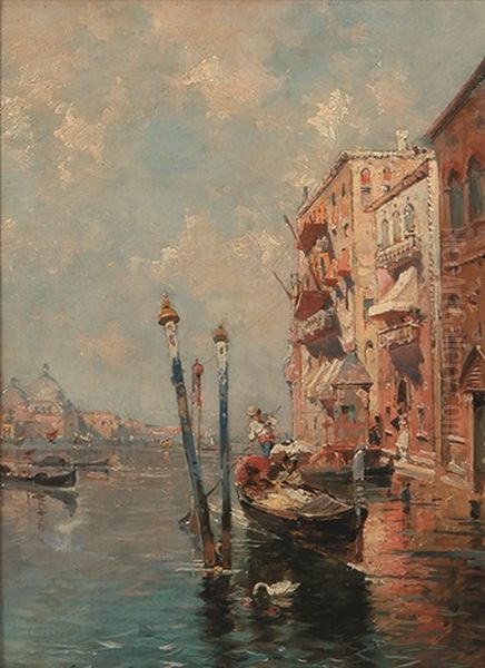 Gondeln Vor Venedig, Im Hintergrund Santa Maria Della Salute Oil Painting by Giuseppe Carelli