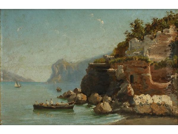 A Mediterranean Coastal View Oil Painting by Giuseppe Carelli