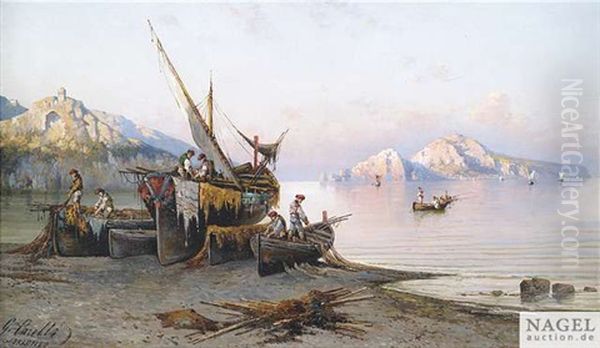 Italienische Kustenlandschaft Im Fruhen Morgenlicht Mit Netzflickenden Fischern Auf Ihren Booten Oil Painting by Giuseppe Carelli