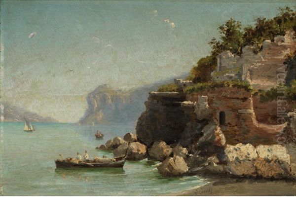 A Mediterranean Coastal View Oil Painting by Giuseppe Carelli