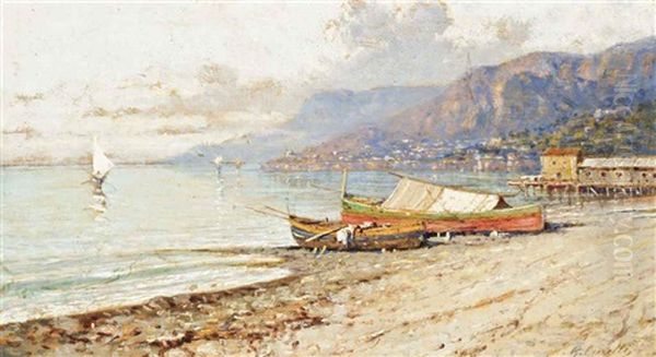 Boats On The Shore, The Amalfi Coast Oil Painting by Giuseppe Carelli