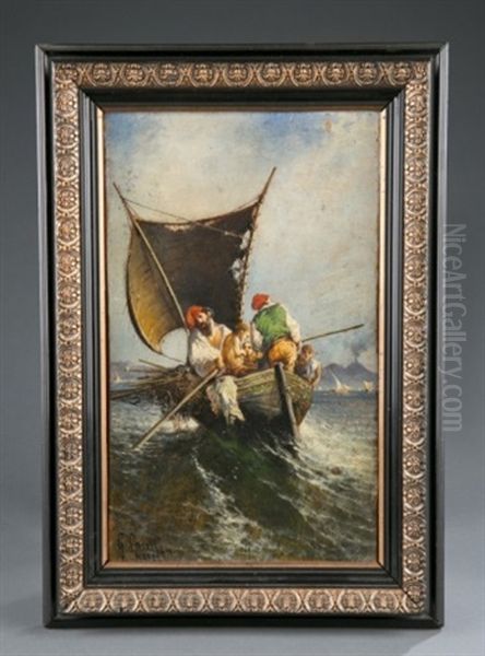 Ocean Scene Of Men In Rowboat On Choppy Water Oil Painting by Giuseppe Carelli