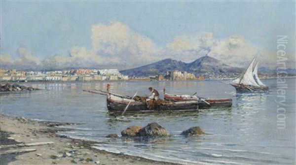 A Fisherman Tending To His Nets On The Bay Of Naples, Vesuvius Beyond Oil Painting by Giuseppe Carelli