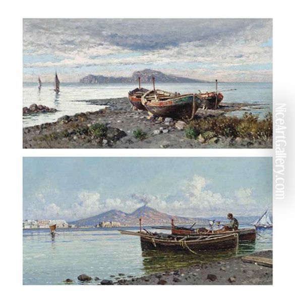 A Fisherman Tending To His Nets On The Bay Of Naples, Vesuvius Beyond And Boats On The Shore, Capri Beyond (pair) Oil Painting by Giuseppe Carelli