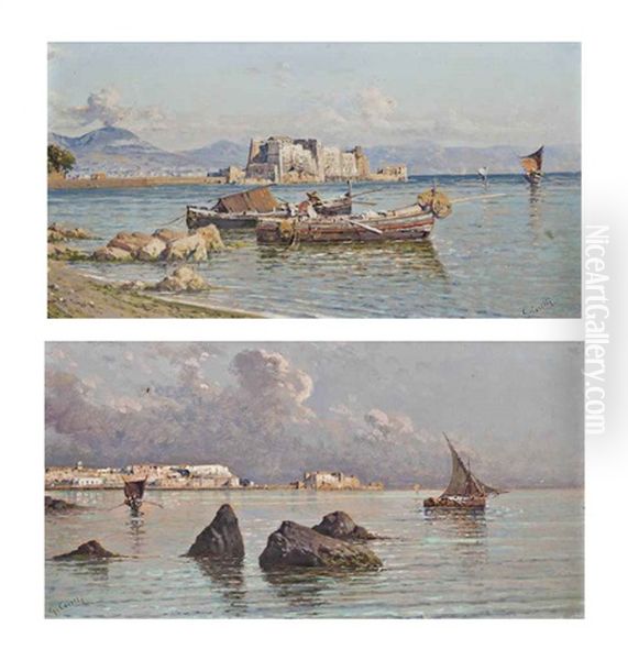 Fishermen Before The Castel Dell'ovo (+ On The Bay Of Naples, Vesuvius Beyond; Pair) Oil Painting by Giuseppe Carelli