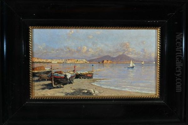 Boote Am Ufer Der Neapolitanischen Kuste Und Blick Auf Den Rauchenden Vesuv Oil Painting by Giuseppe Carelli