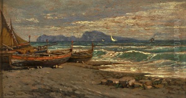 Fischerboote Am Strand Vom Golf Von Neapel, Im Hintergrund Capri Oil Painting by Giuseppe Carelli