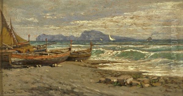 Fischerboote Am Strand Vom Golf Von Neapel, Im Hintergrund Capri Oil Painting by Giuseppe Carelli