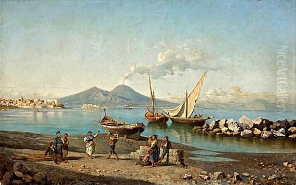 A View Of The Bay Of Naples With Figures Dancing On The Shore Oil Painting by Giuseppe Carelli