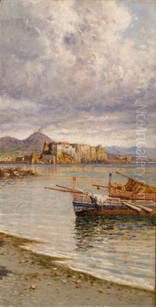 Napoli, Veduta Di Castel Dell'ovo E Del Vesuvio Dalla Spiaggia Di Mergellina Oil Painting by Giuseppe Carelli