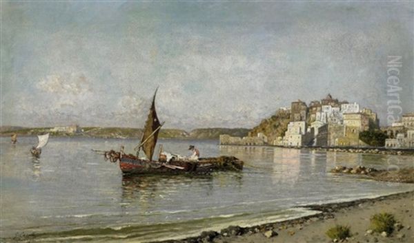 Pozzuoli. Fischer In Ihren Booten Auf Dem Wasser Vor Der Stadt Oil Painting by Giuseppe Carelli