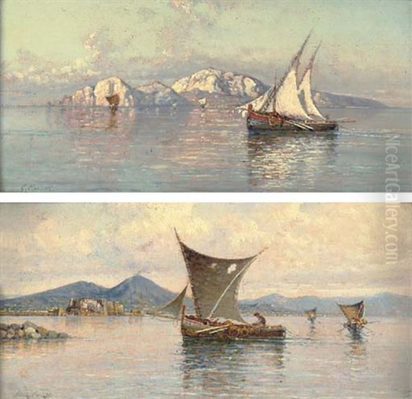 Fishing Vessels In The Bay Of Naples (+ Fishing Vessels Off Capri; Pair) Oil Painting by Giuseppe Carelli