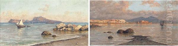 Fishing Vessels Off Capri (+ Fishing Vessels In The Bay Of Naples; Pair) Oil Painting by Giuseppe Carelli