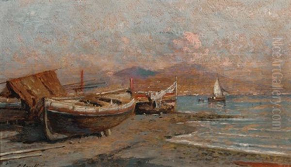 Boats On A Coast (+ Docks Along A Coast; Pair) Oil Painting by Giuseppe Carelli