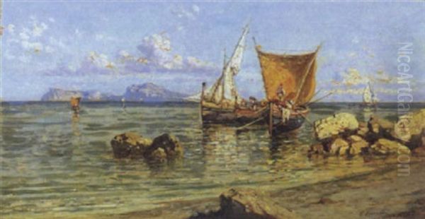 Pescatori A Riva Con Capri Sullo Sfondo Oil Painting by Giuseppe Carelli