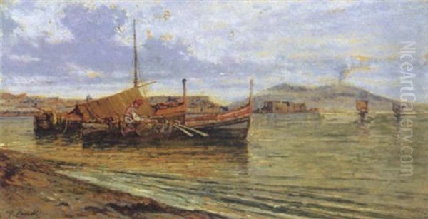 Napoli, Barche Di Pescatori A Mergellina Oil Painting by Giuseppe Carelli