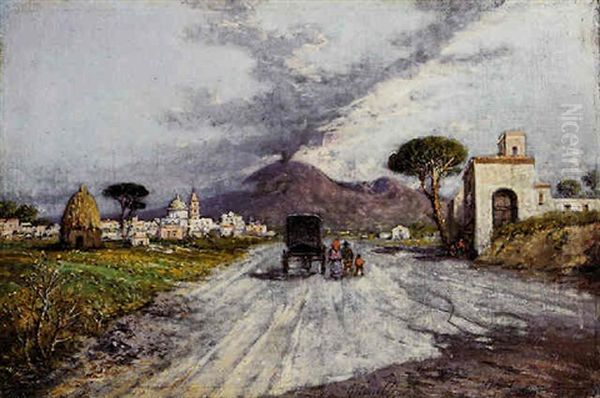 Strada Di Campagna Con Il Vesuvio Sullo Sfondo Oil Painting by Giuseppe Carelli