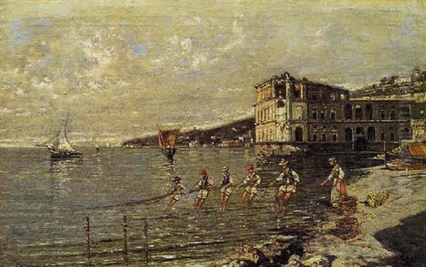 Pescatori Davanti A Palazzo Donn'anna Oil Painting by Giuseppe Carelli