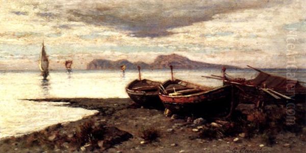 A View Of The Mediterranean With Fishing Boats Ashore In The Foreground And A View Of Capri Beyond Oil Painting by Giuseppe Carelli