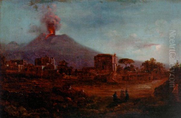 A Village Before A Smouldering Volcano Oil Painting by Giuseppe Carelli